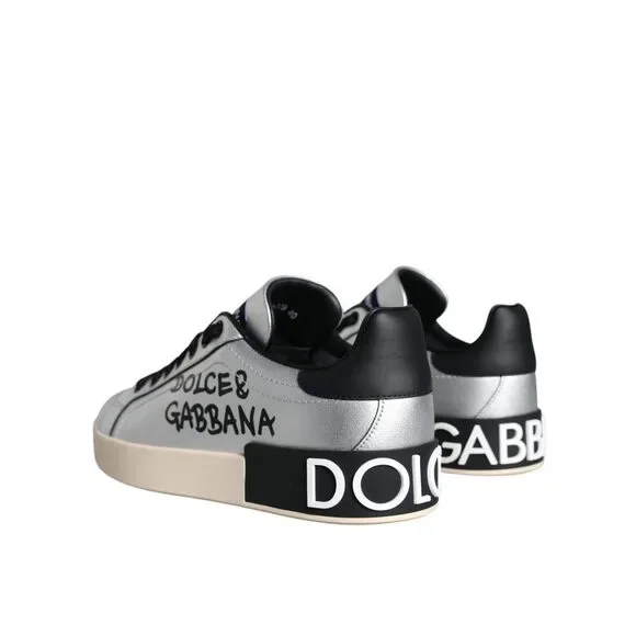 Dolce & Gabbana Silver Portofino Calf Leather Sneakers Shoes